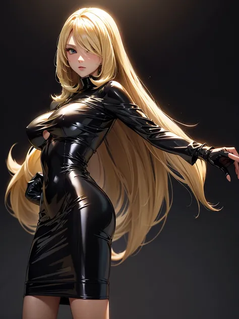   perfect anatomy  　  best quality ,  Higher resolution ,(((black latex dress　blonde　  long hair)))　 Pokémon　Cynthia　woman　Age 30　light breasts