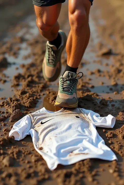 A white athletic male runner with muddy Nike air max 90 walk over and step on, use a white shirt as a doormat on the muddy ground. He smashed the shirt on the muddy ground and let a full of mud on the shirt on the ground after his passing by. 