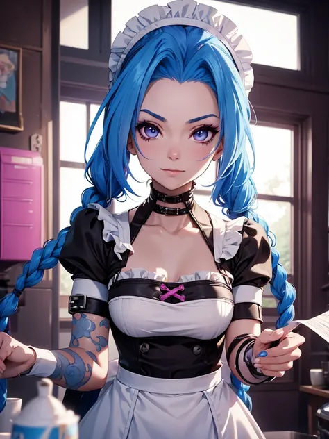 Jinx from Arcane anime, 1woman, as a maid, wearing a maid outfit, at a maid cafe, blue colour hair, "Jinxs hair style, 8k, high detailed, high quality, high accuracy