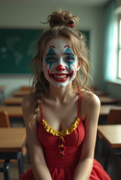 An innocent teen girl dressed as a sexy clown crying in front of a classroom. Cleavage 