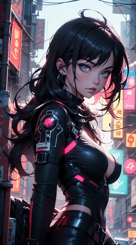 a close up of a woman with a very large breast and a very long hair, rossdraws | afrofuturism, dreamy cyberpunk girl, cyberpunk art style, beautiful cyberpunk girl face, futuristic art style, cyberpunk beautiful girl, digital cyberpunk anime art, the cyber...