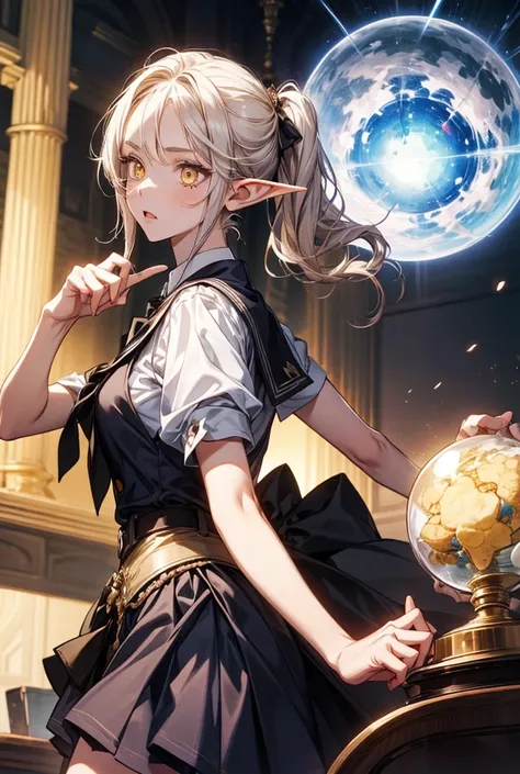 elf girl with  серебристыми hair and yellow eyes in her hands a magic sphere dressed in a school uniform on her hair one pigtail look confused against the background of the academy