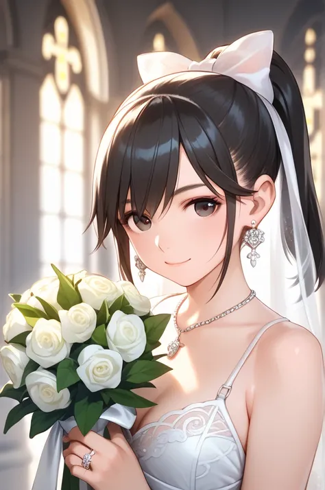  one woman　Perfect figure　 ponytail　 black hair　 wedding dress 　Gorgeous church　 light smile 　Look to the side　 face here 　Holding a bouquet in both hands　left hand　Engagement ring on the ring finger　Silver earrings　 silver necklace 　 dark eyes　Full body p...