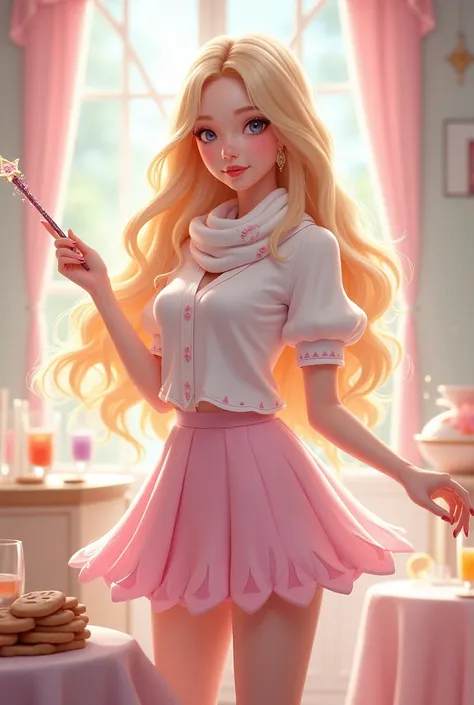 Femenine character blonde long hair princess with short pink pastel skirt and a magical wand and a shirt with pastel flowers with a a white scurff with pink points and cookies and glasses 