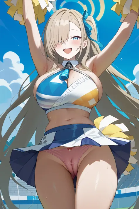 Asuna Ichinose,megami magazine,very long hair,blonde hair,hair over left eye,hair ribbon,blue ribbon,halo,blue eyes,large breasts,
(cheerleader:1.3), (pleated skirt:1.3),(stripe crop top:1.2), sleeveless shirt, large breasts,(under boob:1.1),
miniskirt, th...