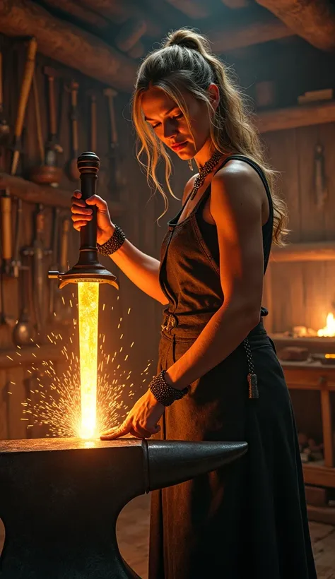 Taylor Swift as a skilled blacksmith, forging a glowing sword in a rustic workshop, with sparks flying in the air and her focused expression captivating.