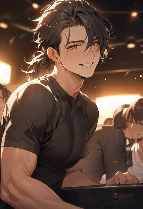 (masterpiece,   high resolution,   Top quality),  unique , 1 male, 29-year-old male  ,  nice,  Sexy ,   tanned skin ,  dark haired,  mans ponytail  ,  yellow eyes ,  sly smile , Reply,    watching the audience,  black skin 