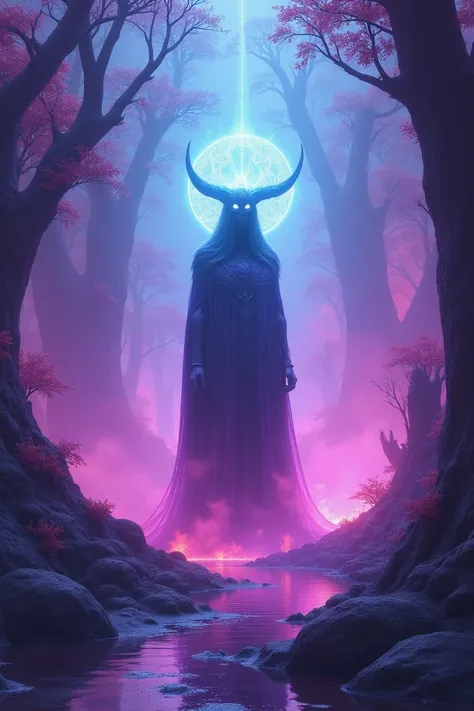 It represents the esoteric in a mystical landscape with neon colors such as purple, pink and light blue