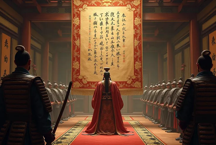  An elegant, huge cloth with old Japanese written on it hangs、The government of the Japanese magic world
An official wearing a Heian kimono 、samurai