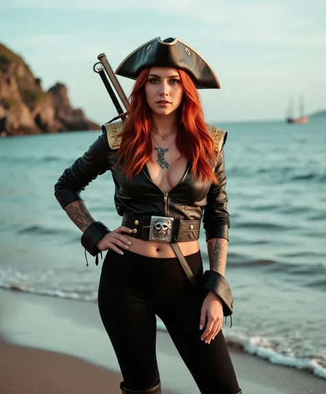 "58", carribean, fiery red hair, long wavy, sea-green eyes, sun-kissed golden tan, hourglass figure, 36D bust, 42-inch butt, sharp features, high cheekbones, full lips, leather jacket with gold accents, fitted black pants, knee-high leather boots, silver b...