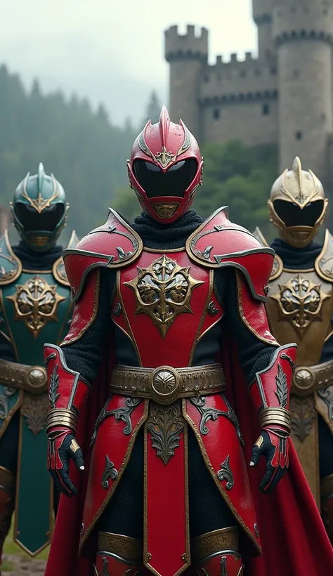 Power Rangers in medieval knight-inspired armor, featuring heraldic crests and Gothic designs. The color schemes are bold and striking. Setting: a medieval castle surrounded by forested hills.