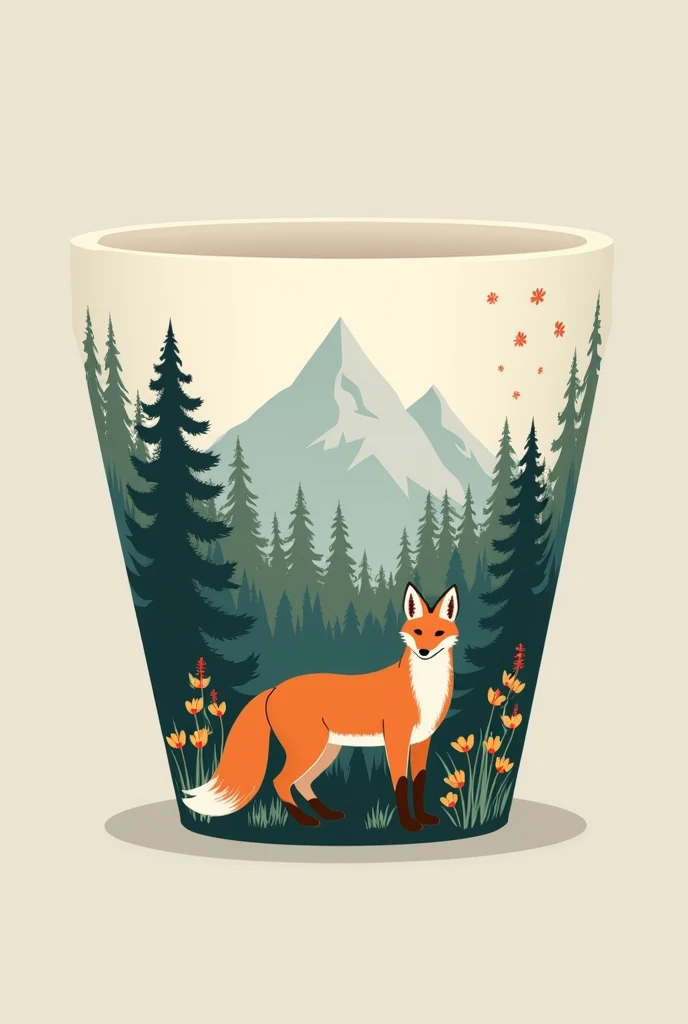 A picture of mountains and forest with a fox in front of it drawn in simple drawing style around a flower pot 
The picture on a flower pot 
