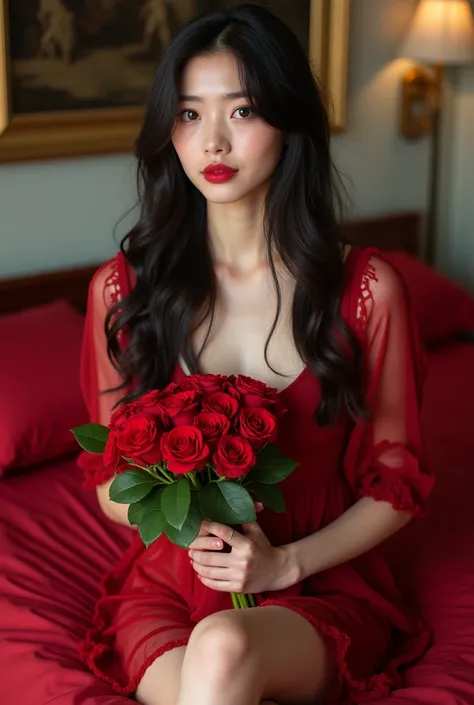 a Mulher grávida coreana ,READ 21 year old ,cabelos pretos naturais extremamente longos e lisos com franja de chantilly com a textura perfeita,  green eyes,  soft makeup red lipstick  , on the finger Wearing short and short clothes , sentada em cima da cam...