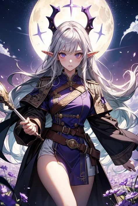 girl with elven long ears white silver hair to the waist white eyes are dressed in a magical uniform in her hands a magic staff that glows purple around her purple halo she hovers above the ground against the background of the Moon