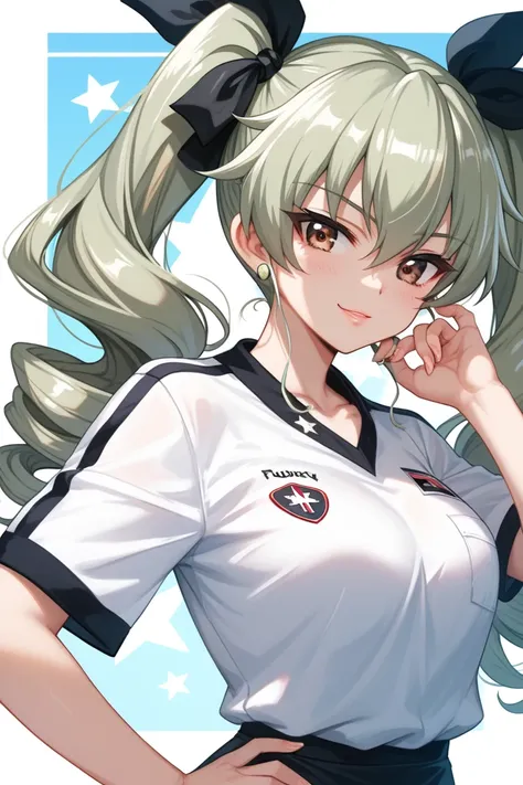 Anchovy from Girls und Panzer wearing a Cruzeiro team jersey,Description of anchovy  :   a girl with long light green hair tied in two ponytails with two black ribbons and reddish-brown eyes. She wears contact lenses  . Shirt Description.   predominantly b...