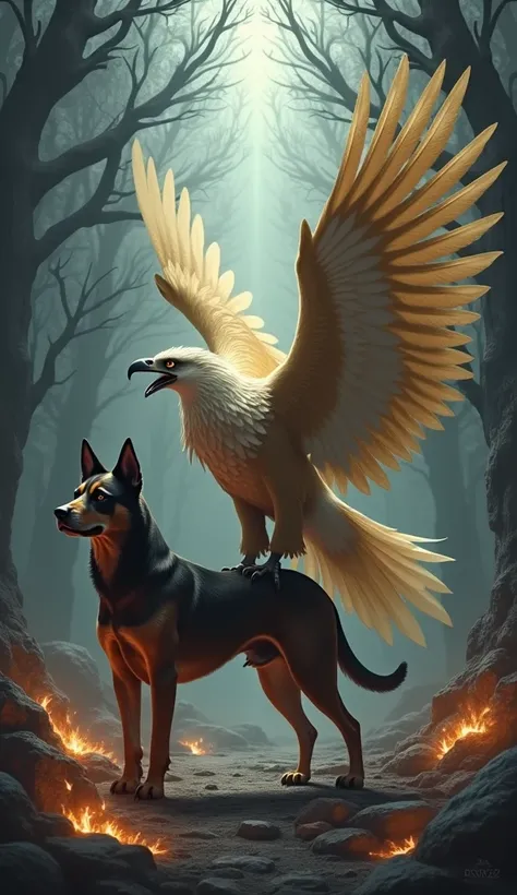 The dog and eagle stand ready for their fusion, each holding a distinct position in the frame. The dog stands proudly, its muscular body covered in a short, sleek coat with deep brown and black tones. Its eyes gleam with intelligence, and its stance is poi...