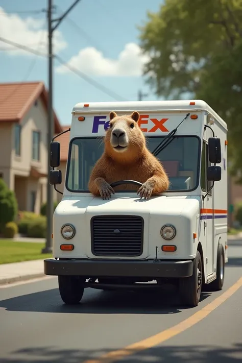 Capybara driving a FedEx truck