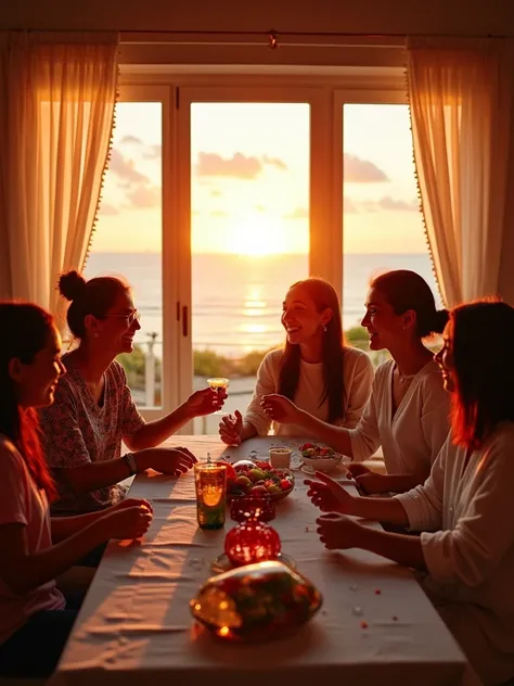 A warm celebration scene in a seaside villa: a group of friends exchanging colorful textile gifts labeled "Ohana-Cotton," surrounded by elegant curtains fluttering in the summer breeze, with a beautiful sunset over the ocean visible through the windows.