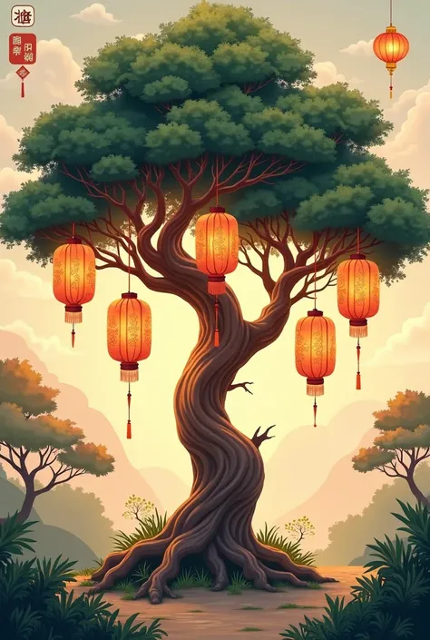 illustration - a Chinese tree on which Chinese lanterns hang