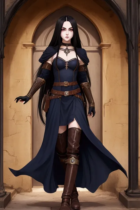 REALISTIC, girl, teen, shanoa castlevania, very dark long hair, pale skin, dark navy blue dress, medieval style, desert temple door, night, beauty, belt, black eyes, vambraces, brown pants, magician, epic, book, black eyes, brown pants, leather boots, warr...