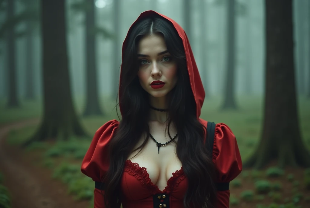 28-year-old woman, cosplay as Little Red Riding Hood, fair skin, green eyes, black hair, red lipstick, vampire fangs, deep neckline blouse, natural breasts, pine forest, faint mist, lomo filter --ar 4:5 --v 6.0 --style raw