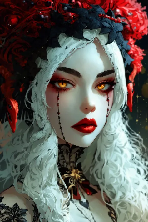   The woman has completely white skin ,  long blond hair , thick black eyebrows,  black lips.  Her eyes are yellow with red slits that look like those of a snake.  it has red cheeks . Her eyelids are purple . She has black lips. Christmas Gothic Art.

 She...