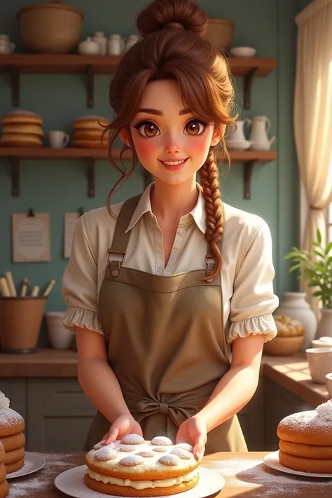 Create an image of a brunette woman pull honey-colored hair honey-colored eyes baking cake at the pastry shop 