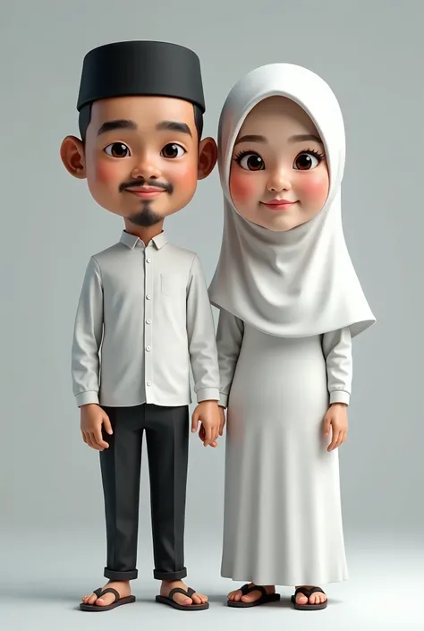 realistic 4D caricature photos,Photo of a Adult Muslim couple with Indonesian faces, 30 years old,clean face, oval face, wearing black skull cap ,Wearing Clothes White Muslim,  flip-flops,The pose is standing facing forward, gray background 