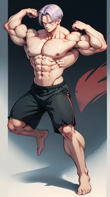 (A detailed drawing of trunks , Bodybuilding-Fitnessstudio.),Anime picture, With bare upper body, the strongest of all, huge muscular body, Big Bizeps, large shoulders, muscle legs,abs, barefoot, Martial arts, Kick with foot, Full body image, Rear view, si...