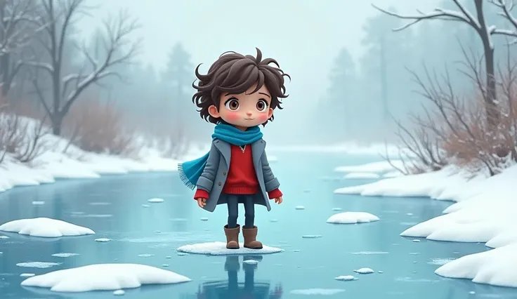  and A slim, curious ( curly messy brown hair, hazel eyes, a red sweater, blue scarf, gray coat, and boots.)is walking on the frozen iced river 