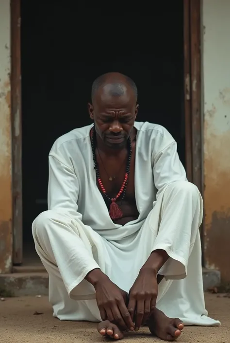  A black man dressed in simple clothes all in white, He wears a black and red bead necklace.  sitting on the floor ,  crying. His look is sad and desperate .  He is in the yard of simple umbanda .