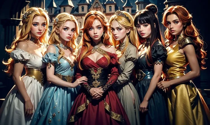 fantasy setting. close up. (((standing bunched together:1.5))), ((3 unique lovely princesses:1.5)), unique personalities, ((each with a unique expression on face:1.5)), (((each with a unique natural hair colored:1.5))), ((red hair)), ((blond hair)), ((blac...