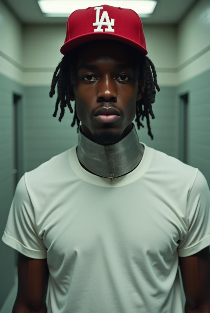 A skinny 18-year-old tall black American man wearing short locks on his head wearing a tight white shirt and an ice collar around his neck and a red LA cap taking his picture in jail