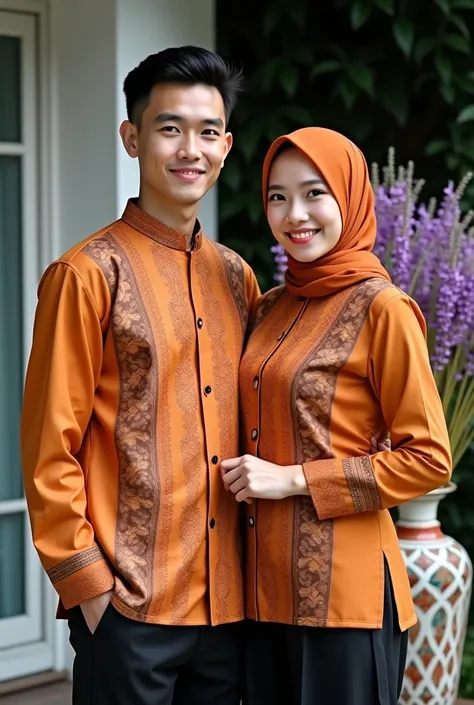  young handsome man short hair neat undercut 20-year-old and Indonesian woman ,  both wearing traditional orange long-sleeved shirts with intricate brown and red batik patterns The woman is wearing a matching hijab and black pants,  while the man is wearin...