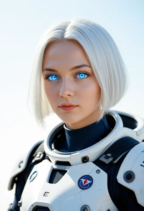 solo, 1girl, white hair, glowing, science fiction, power armor, upper body, short hair, cable, looking at viewer, glowing eyes, blue eyes, armor, spacesuit, tube, s1_dram, zPDXL3, detailxl,  Score_PnyReal,