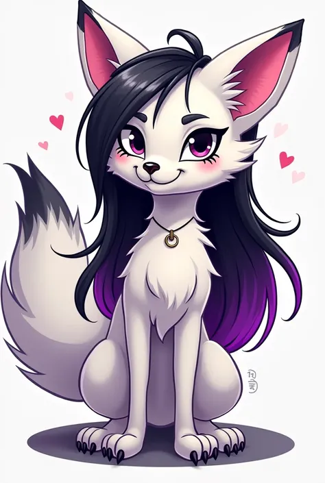 create a catoonish picture of my fursona. its based on a white fox. it has long black hair with purple highlights. it has piercings and alternative style. 