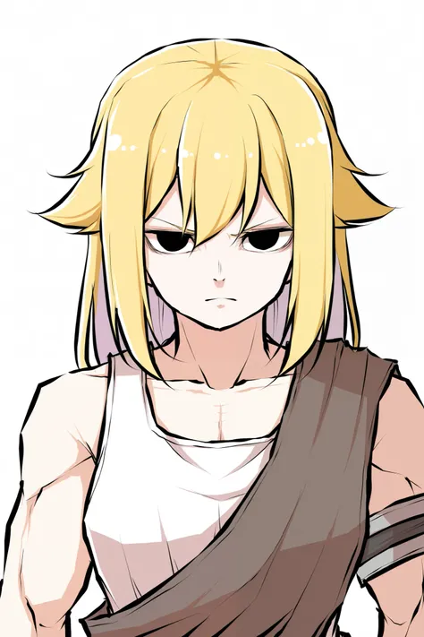 score_9, score_8_up, score_7_up, by peroponesosu., (masterpiece: 1.0), best quality, 1girl, muscular, spiky blonde hair, black eyes, almond shaped eyes, serious, tall, wearing war rags, black eyes, hair flaps, white background
