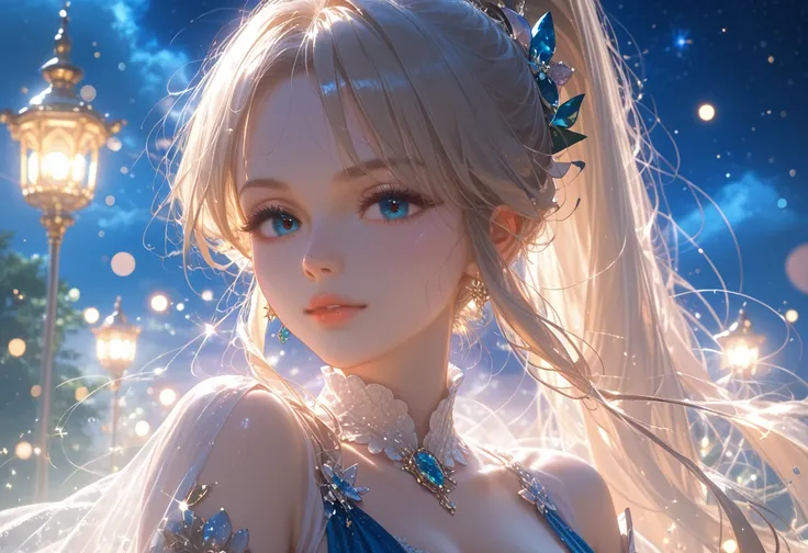 anime girl, in Ordinary Clothes everyday Beautifully Dressed, Long Hair Ponytail, Looks at the Stars, which are very bright and beautiful, The sky sparkles, night, Very Beautiful Stardust Sparkles Like Fog, Beautiful views, bright colors, masterpiece,  cor...