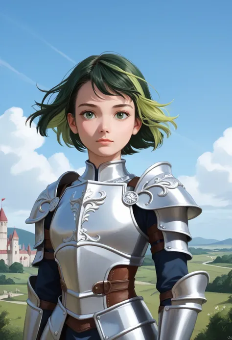 armor, cloud, 1girl, green eyes, castle, short hair, sky, solo focus, outdoors, parted knight, green hair, cloudy sky, breastplate, shoulder armor, multicolored hair, pauldrons, full armor, floating hair, looking at viewer, plate armor, upper body, wind, s...