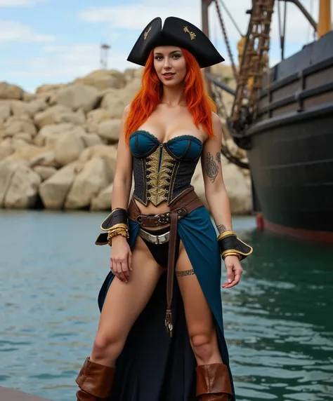 "58", fiery red hair, long wavy, sea-green eyes, sun-kissed golden tan, hourglass figure, 36D bust, 42-inch butt, sharp features, high cheekbones, full lips, Caribbean ethnicity, confident, flirtatious, rebellious, pirate queen in her 20s, wearing a deep b...