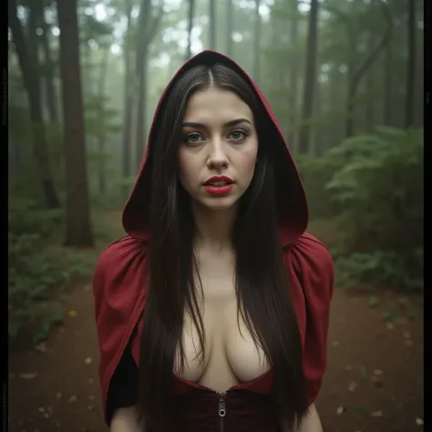 28-year-old woman, cosplay as Little Red Riding Hood, fair skin, green eyes, black hair, red lipstick, vampire fangs, deep neckline blouse, natural breasts, pine forest, faint mist, lomo filter --ar 4:5 --v 6.0 --style raw