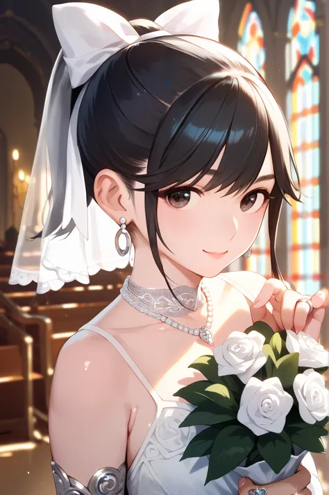  one woman　Perfect figure　 ponytail　 black hair　 wedding dress 　Gorgeous church　 light smile 　Look to the side　 face here 　Holding a bouquet in both hands　left hand　Engagement ring on the ring finger　Silver earrings　 silver necklace 　 dark eyes