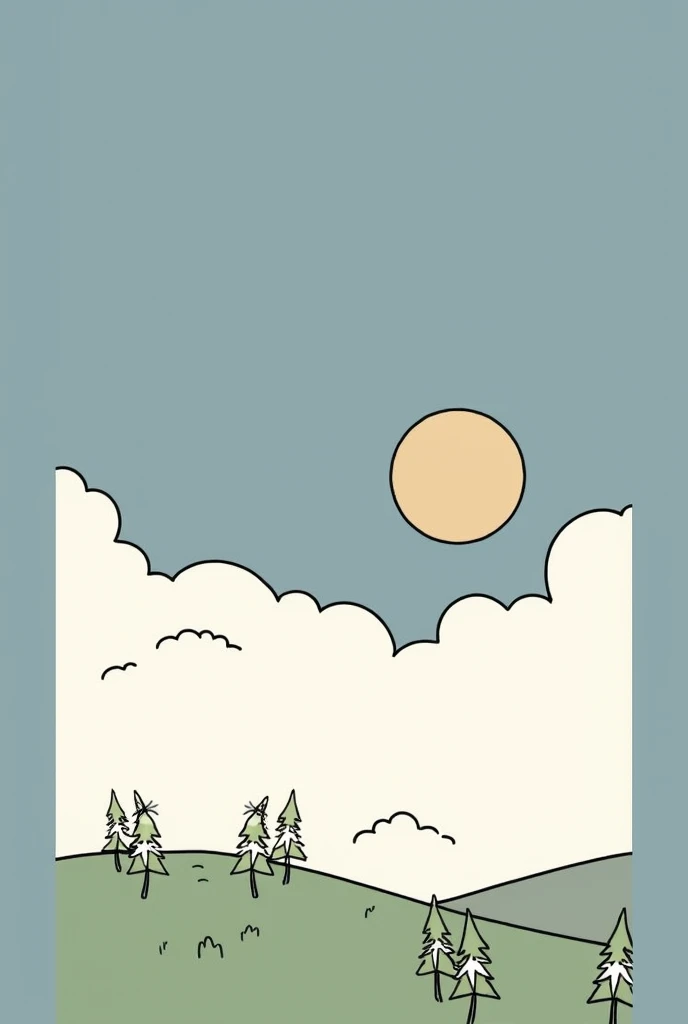 The image is a minimalist cartoon style illustration featuring a serene landscape. The layout is vertical, with a clear division between sky and ground. The sky was a dim blue with a large, pale yellow sun positioned slightly off-center. Fluffy white cloud...