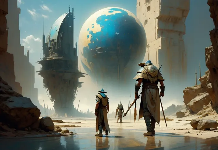 Gigantic book of stories becoming a real story and environment, Jean Giraud and John Berkey artwork style