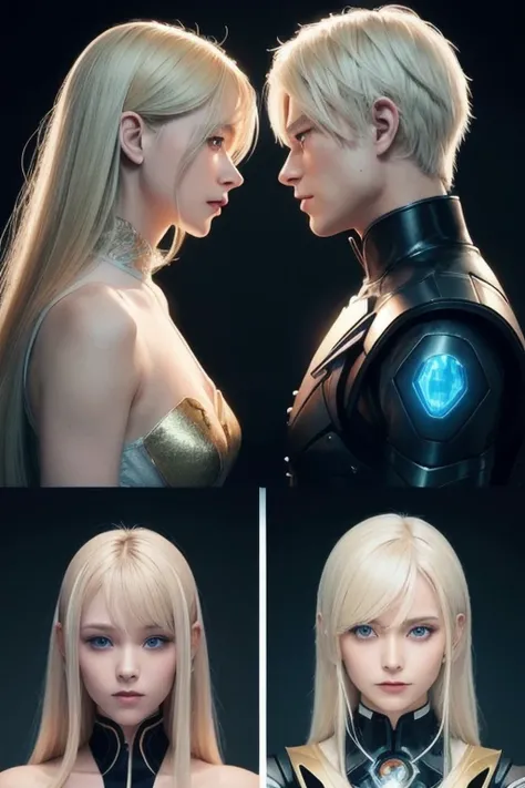 Основной промт:
A blond cyborg kisses a blue-eyed brunette on the top of her head. He has cybernetic eyes and black and gold cyborg details on his neck and arms. on a white background. a touching moment between two characters. The art style is realistic wi...