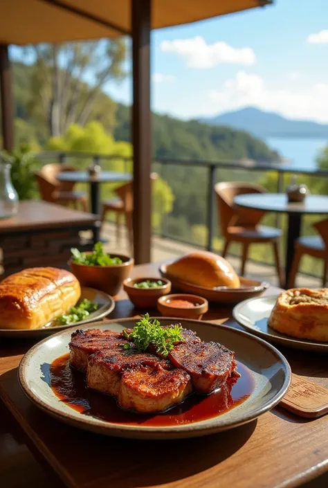  Create the image of a gourmet Australian barbecue dish,   next to meet pie plate  ,   outdoor restaurant table  , Australia  