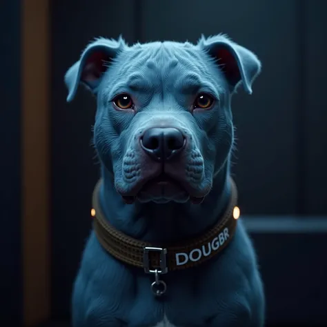 bull dog, bluish appearance, with collar written DOUGBR, with a datacenter in the background, atmosphere of knowledge, detailed fur, cinematic lighting, intricate details, Digital Art, hyper-realistic, 8k, photorealistic, masterpiece