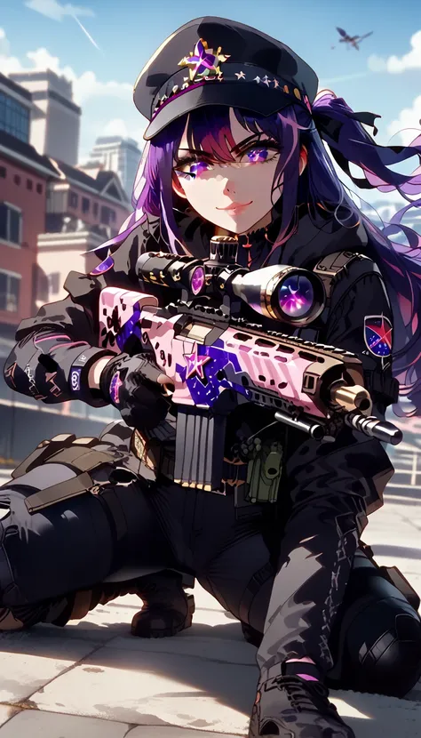 ultra-detailed, 1girl, hoshinoai, ((masterpiece)), (best quality), (highres), 16K, perfect face, purple hair, purple eyes, long hair, (star-shaped pupils), wearing cap, tactical clothes, wearing black panties, gloves, tactical belt, knee boots, busty body,...