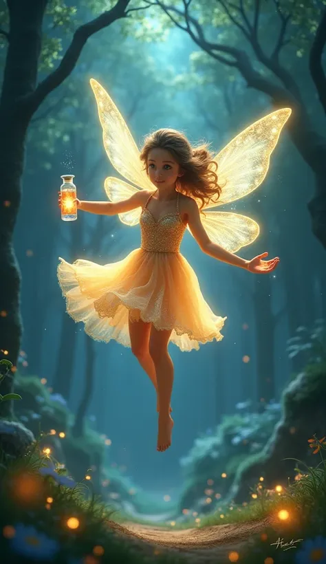 Animated image:"A magical small fairy with glittering wings soars gracefully through three enchanted environments: (1) a dewy meadow at dawn where sunlight sparkles on silver grass, (2) a star-filled night sky where the fairy collects radiant starlight int...