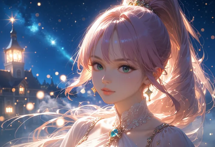 anime girl, in Ordinary Clothes everyday Beautifully Dressed, Long Hair Ponytail, Looks at the Stars, which are very bright and beautiful, The sky sparkles, night, Very Beautiful Stardust Sparkles Like Fog, Beautiful views, bright colors, masterpiece,  cor...